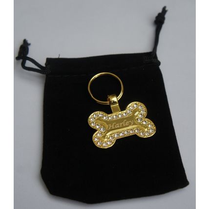 GOLD DIAMANTE BONE DOG TAG PERSONALISED BOTH SIDES IN VELVET GIFT BAG