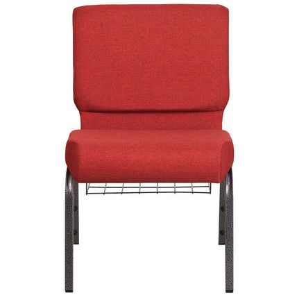 50x Crimson Red 21'' Wide Church Chairs Silver Frame Book Rack 4” Seat Cushion