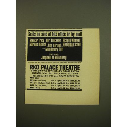 1961 Judgment at Nuremberg Movie Ad - Seats on sale at box office or by mail