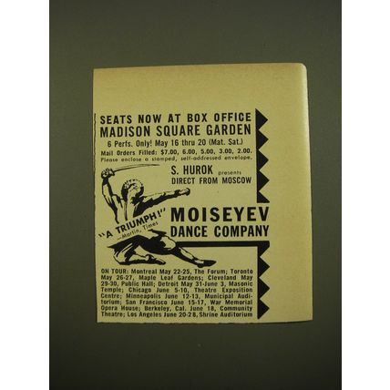 1961 Moiseyev Dance Company Ad - Seats now at Box office Madison Square Garden