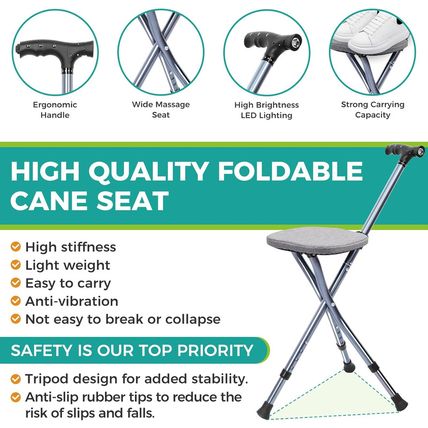 Folding Cane with Seat,Adjustable Walking Stick for Seniors,Lightweight Walking