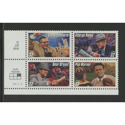 US 3146a (3143-3146), 1997 Football Coaches, LL PBof4, VF, MNH (US277)