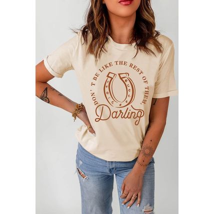 Khaki Darling Letter Graphic Print Short Sleeve T Shirt
