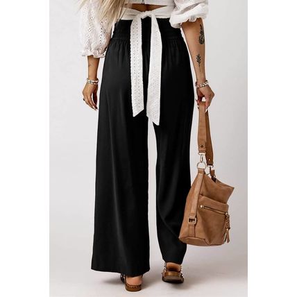 Black Drawstring Elastic Waist Casual Wide Leg Pants