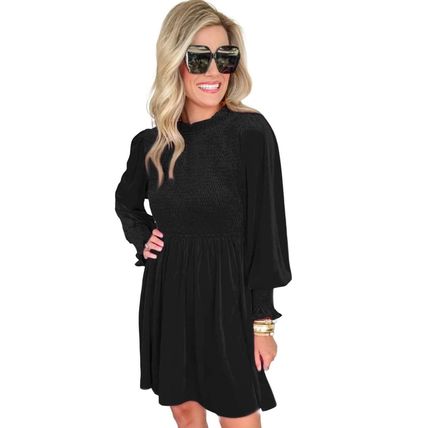 Black Frilled Neck Smocked Bodice Velvet Dress