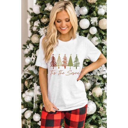 White Cute Christmas Trees Print Crew Neck T Shirt