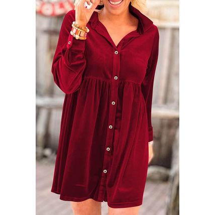 Red Long Sleeve Ruffle Velvet Button Up Dress