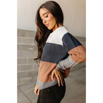 Chestnut Color Block Knitted O-neck Pullover Sweater
