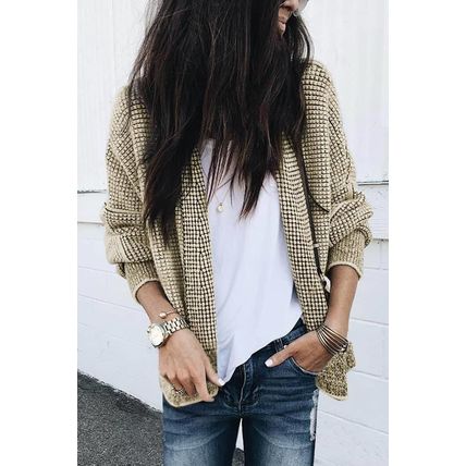 Apricot Plaid Contrast Trim Open Front Cardigan