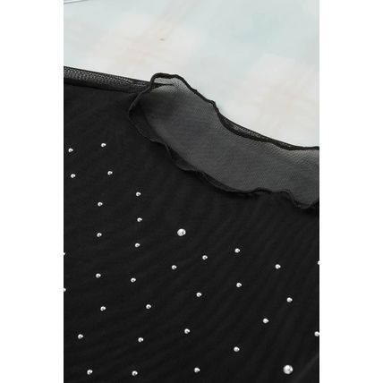 Black Rhinestone Sheer Mesh Slim Fit Long Sleeve Top
