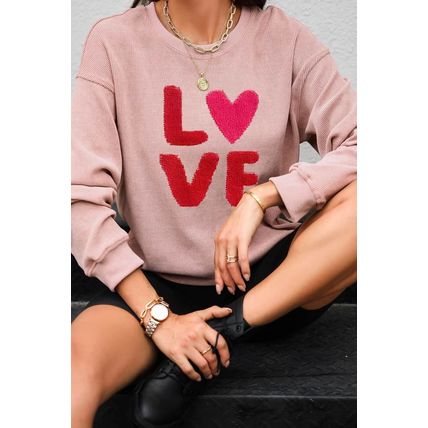 Pink Valentines LOVE Chenille Embroidered Corded Sweatshirt
