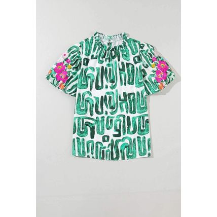 Blackish Green Embroidered Puff Sleeve Frilled Neck Printed Top