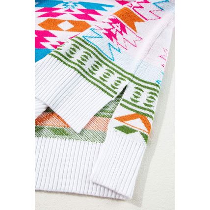 White Oversize Aztec Print High Low V Neck Sweater