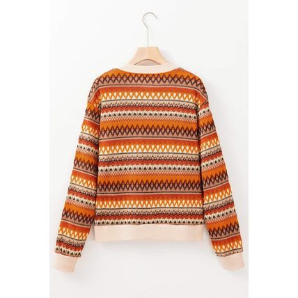 Orange Boho Striped Zip Up Long Sleeve Jacket