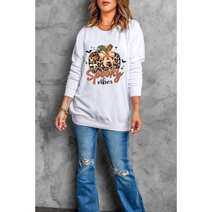 Beige Spooky Leopard Pumpkin Print Crew Neck Sweatshirt