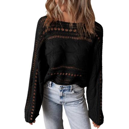 Black Hollow-out Cable Knit Cropped Sweater