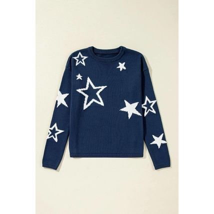 Sail Blue Star Pattern Drop Shoulder Knitted Sweater