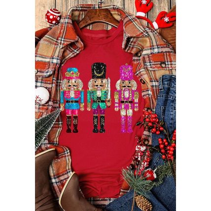 Red Glittering Nutcracker Printed Crewneck T Shirt