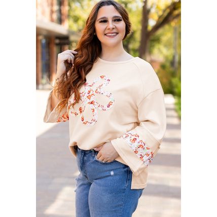 Beige Plus Size Flower Patched Side Slits Crewneck Top