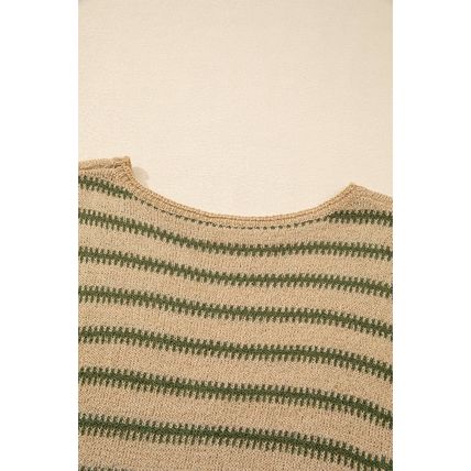 Khaki Stripe Drop Shoulder Casual Sweater