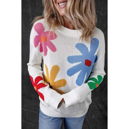 White Colorful Big Flower Pattern Crewneck Sweater