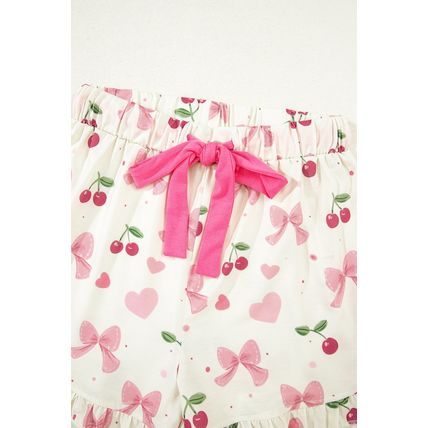 Beige Bow Fruit Print Contrast Pipping Short Pajamas Set