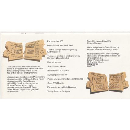 GB stamps 1985 Presentation Pack - SG 1298-1302 - British Film Year