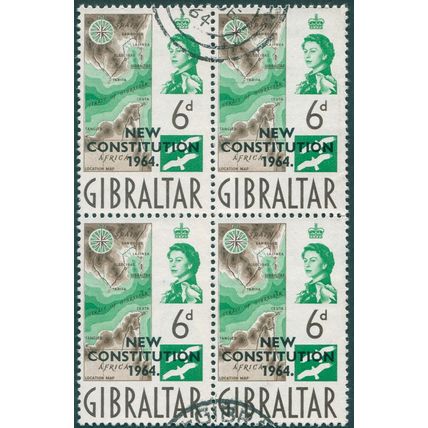 Gibraltar 1964 6d. sepia & emerald Var 'White spot on map' SG179a used block x4