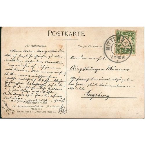 Antique Bavaria Postcard 1910 - Hochlandhutte - Mittenwald