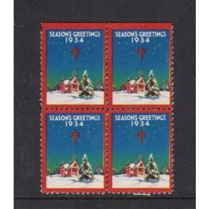 United States 1934 Christmas Greetings Stamps Block of 4 Mint Never Hung VGC