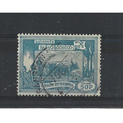 Burma.SG146 50p Ploughing paddy field with oxen (Blue).Fine Used.Jul25g