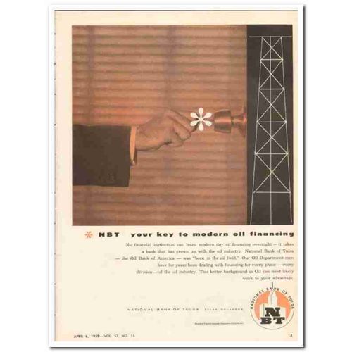 NATIONAL BANK OF TULSA 1959 NBT Key modern oil financing vintage ad