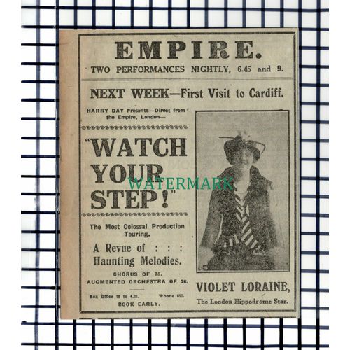 C7235) Empire Theatre Cardiff Violet Loraine - 1916 Cutting
