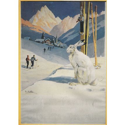 Giant German Rabbit Watches Skiing Skiers Germany Postcard