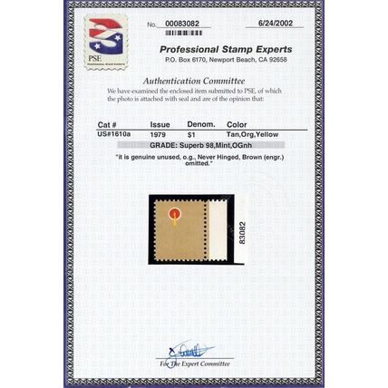 1610, Mint NH $1 Brown Color Omitted PSE Graded 98 Cert - Stuart Katz