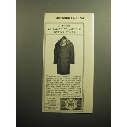 1958 J. Press Fashion Advertisement - J. Press Imported Reversible Duffel Coats