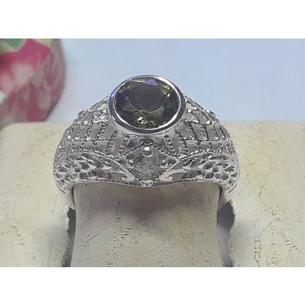 1.50ct Lab Created Rd Peridot & CZ Filigree Sterling Silver bezel dome Ring19520