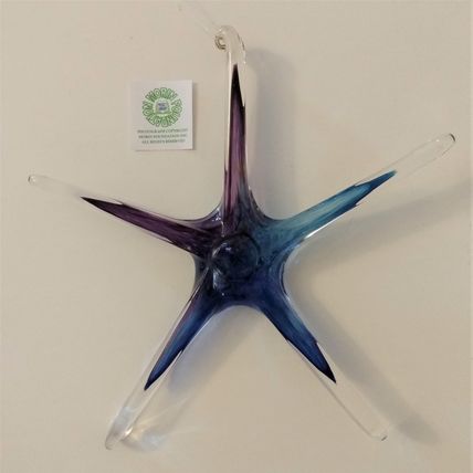 SIGNED HANDBLOWN ART GLASS HANGING STAR or STARFISH BLUE PURPLE & CLEAR