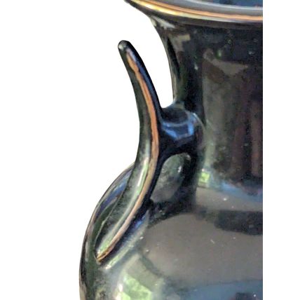 Vintage 8.25" Black Gloss Wagon Flowers Taiwan Asian Design Ceramic Vase Handles