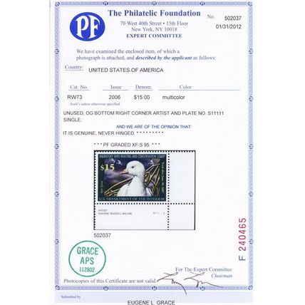 RW73, Mint NH XF/Superb $15 Duck Stamp - PFC Graded 95 Certificate * Stuart Katz