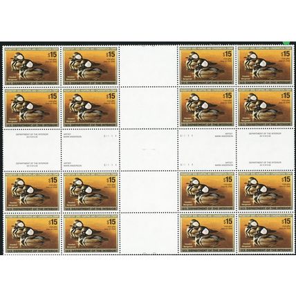 RW72, MNH $15 Duck Cross Gutter Block of 16 Stamps From Press Sheet Stuart Katz