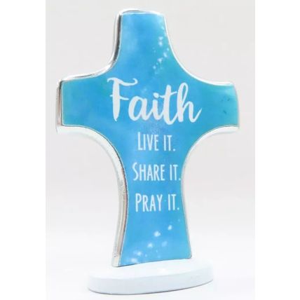 Faith Live It Share It Pray It Cross Metal Freestanding Blue & White 8 CM Christ