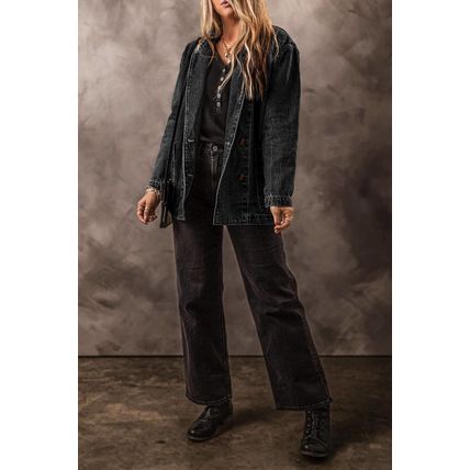 Black Side Pockets Lapel Collar Denim Jacket