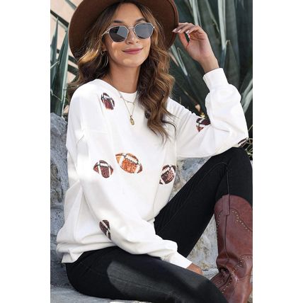 Beige Sequin Rugby Football Patched Pattern Crewneck Game Day Sweatshirt