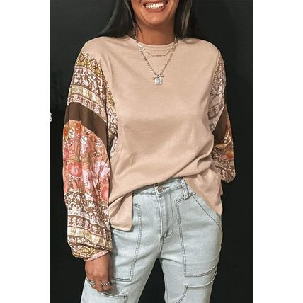 Parchment Contrast Floral Patchwork Puff Sleeve Waffle Knit Top