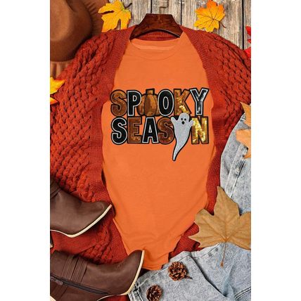 Orange Sequin SPOOKY SEASON Ghost Pattern Halloween T Shirt