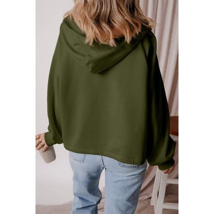 Moss Green Fleece Lined Half Zipper Kangaroo Pockets Loose Hoodie