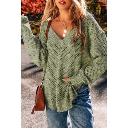 Jungle Green Loose Eyelet V Neck Drop Shoulder Sweater