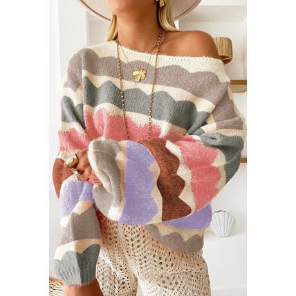 Gray Wave Striped Balloon Sleeve Drop Shoulder Sweater