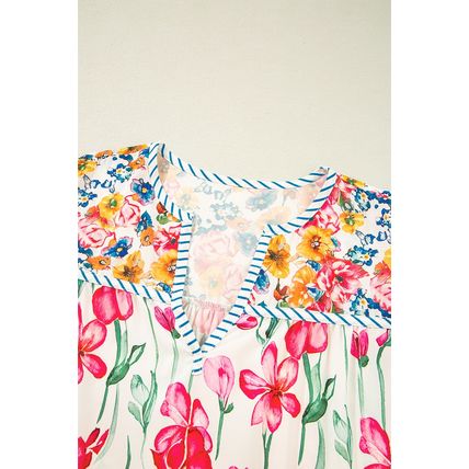Pink Plus Size Floral Print Striped Trim V Neck Blouse